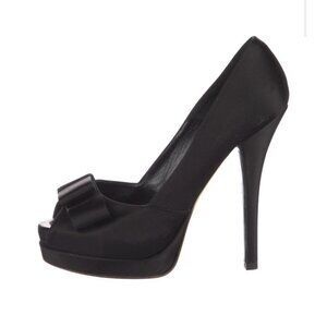 Fendi Authentic Solid Black Satin Bow Peep Toe High Heel Pumps 9.5 $630